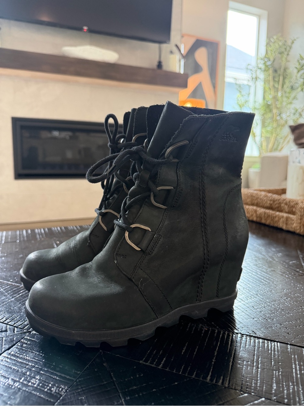 Sorel Black Lace-Up Wedge Winter Boots